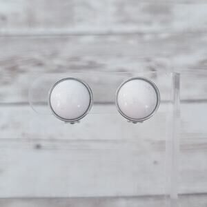 Vintage Clip On Earrings Domed White with Silver Tone Thin Halo 5/8" Retro